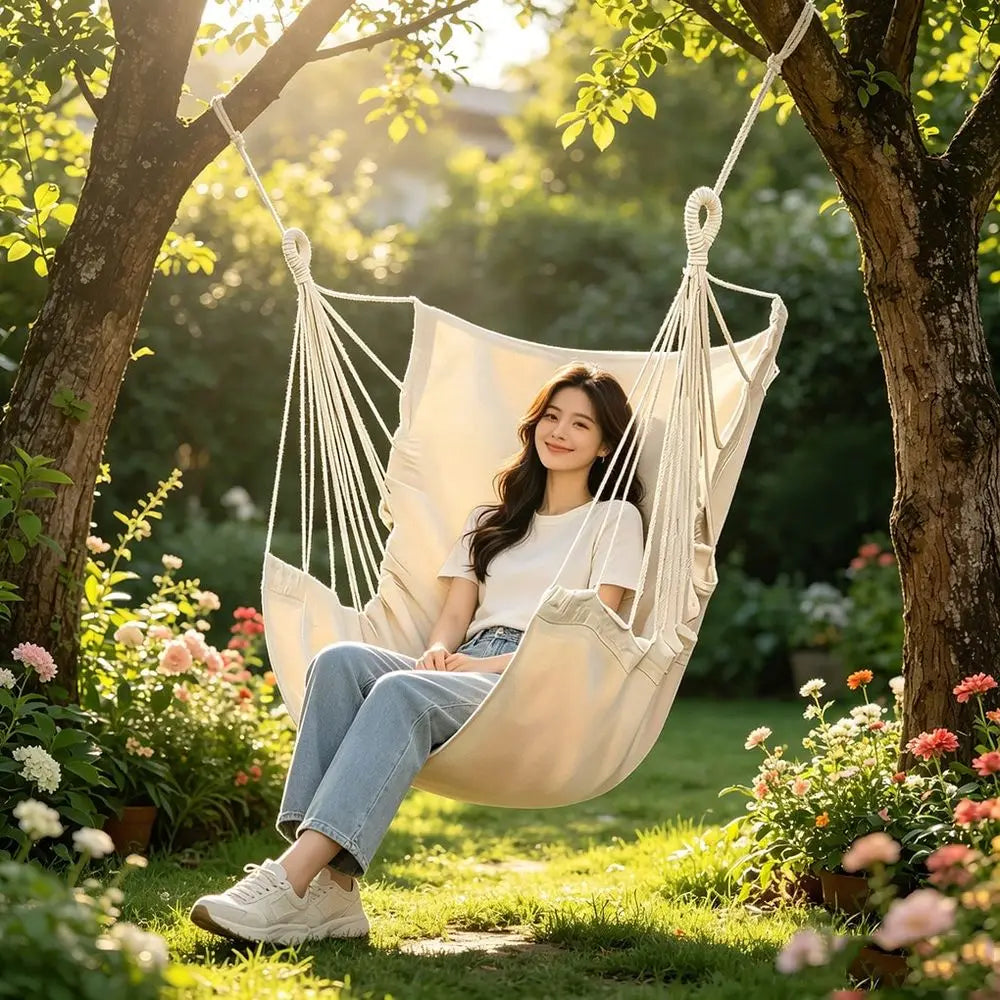 Outdoor Leisure Hammock Hanging Swing Chair, Soft Breathable SkinFriendly Thick Cotton Fabric Sturdy HeavyDuty Hanging Chair Wi