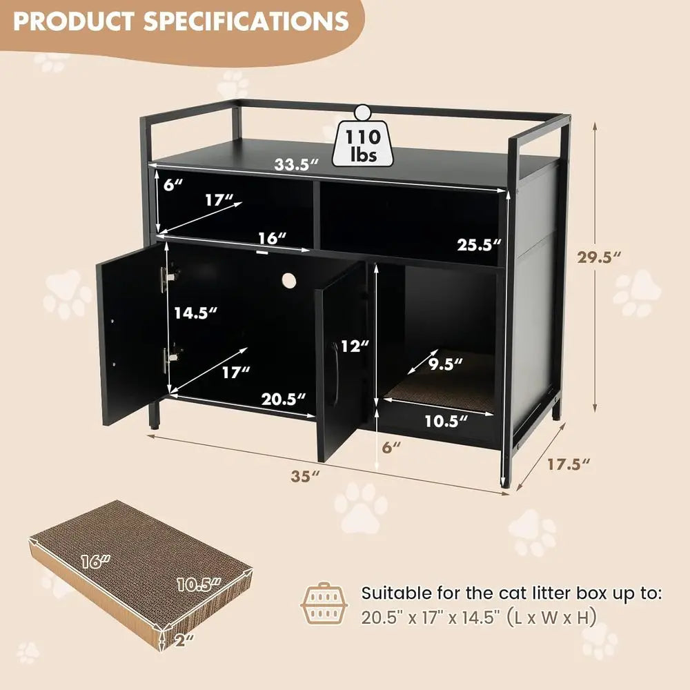 Cat Litter Box Enclosure - Cat Washroom Hidden urniture with ront Entry, Scratcher, 2-Door Storage Cabinet, 2 Comparents, Air Ve
