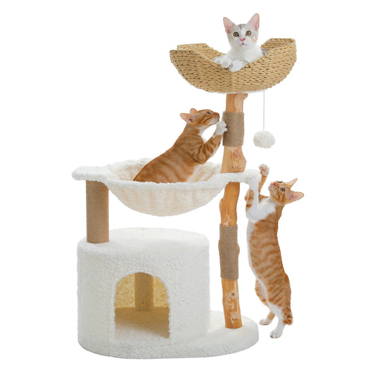 PAWZ Road Modern Cat Tree Tower With Solid Wood Scratching Posts Wicker Basket