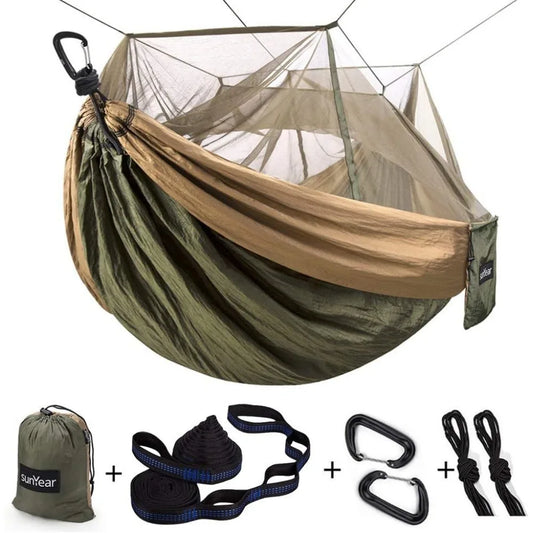 Portable hammock with mosquito net for two includes tree straps ideal for outdoor hiking camping survival travel