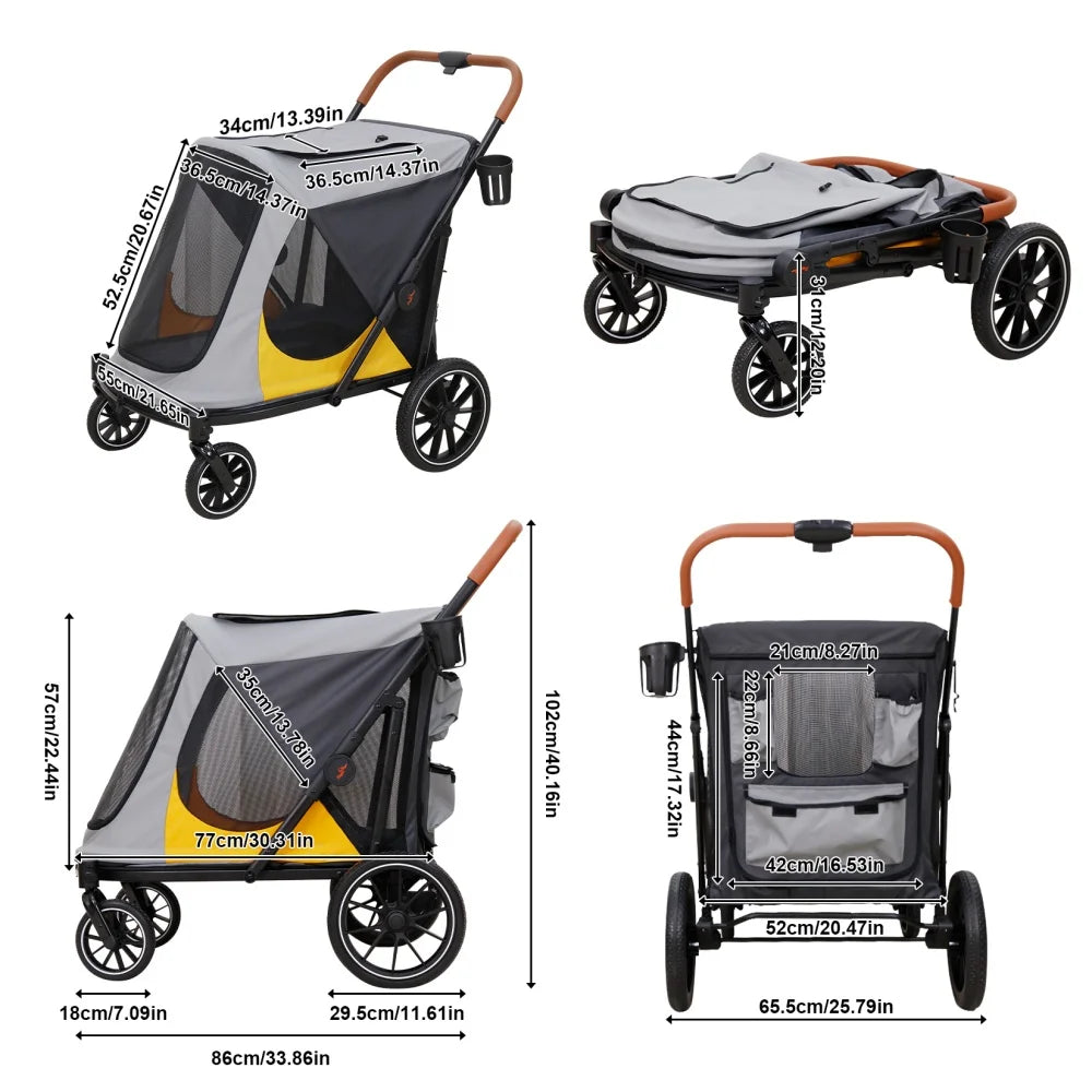Foldable Pet Dog Stroller Rolling Dog Travel Carrier Pet Stroller Jogger Cart with Removable Cushion and Cup Holder Up to 42kg