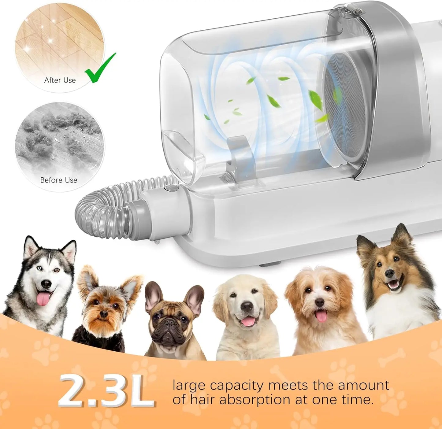 Pet Grooming Vacuum Kit With Low Noise And 5 Tools For Hair Removal