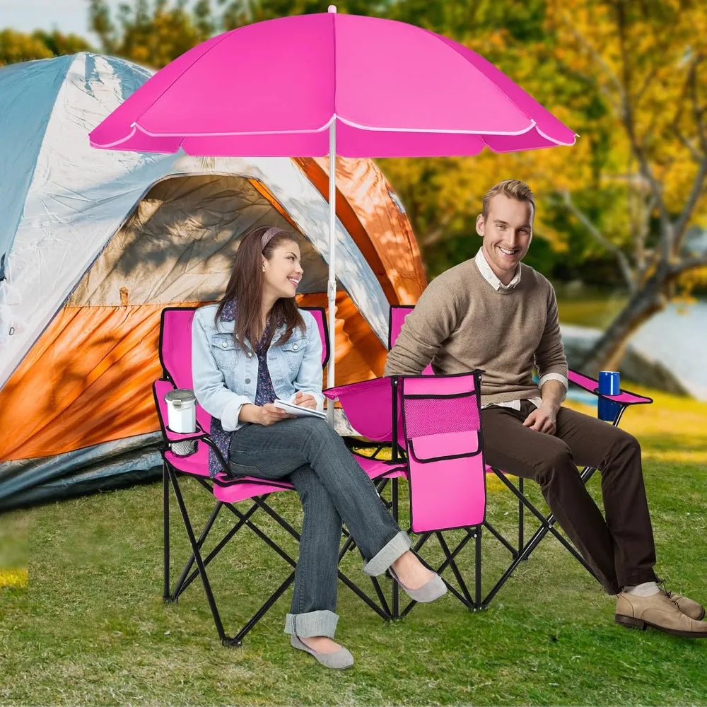 Double Camping Chair with Umbrella, Portable Folding Loveseat for Outdoor Picnic, Beach, Travel & BBQ - Pink