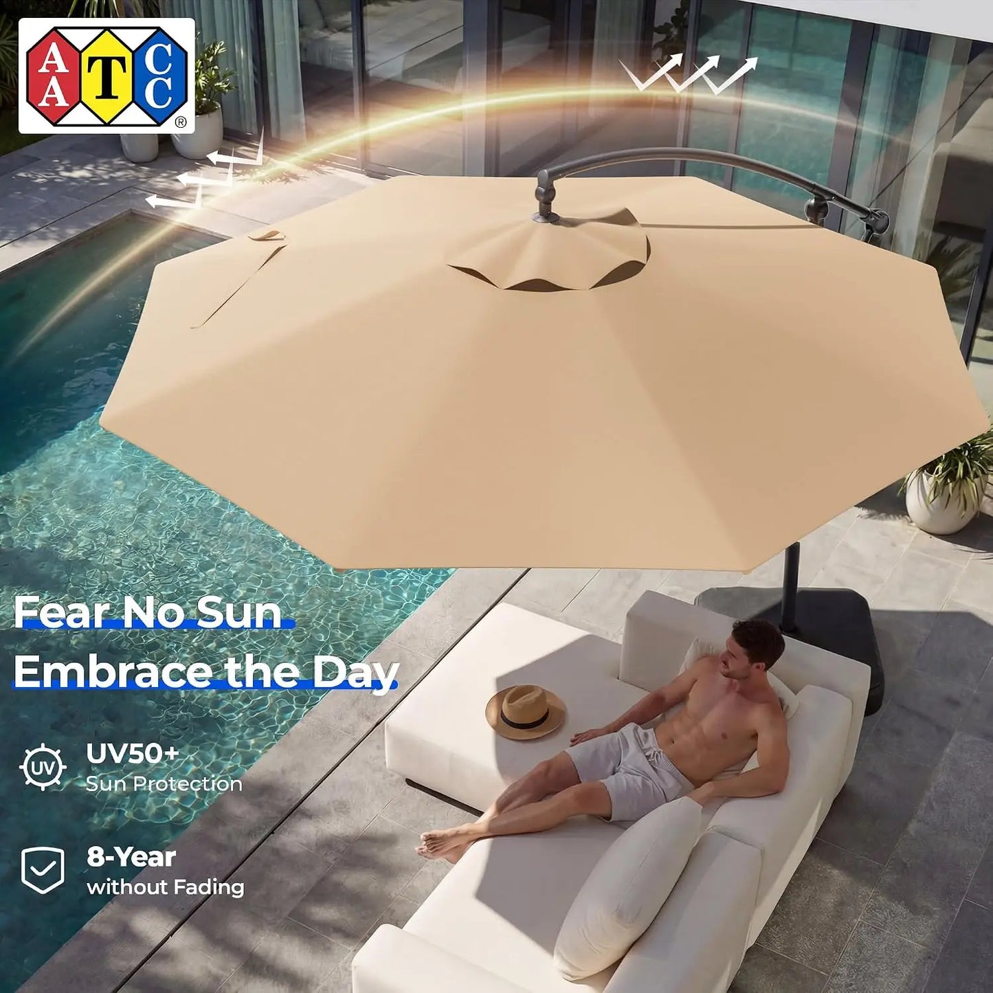 10ft Cantilever Patio Umbrella with Base Included, 30 MPH Wind-Resistant Offset Outdoor Hanging Umbrella with 45, Customized