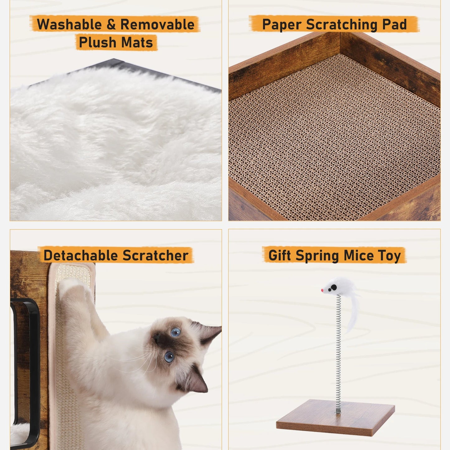 PAWZ Road Wood Cat Condo House Bed With Removable Mats Cat Tree Scratcher