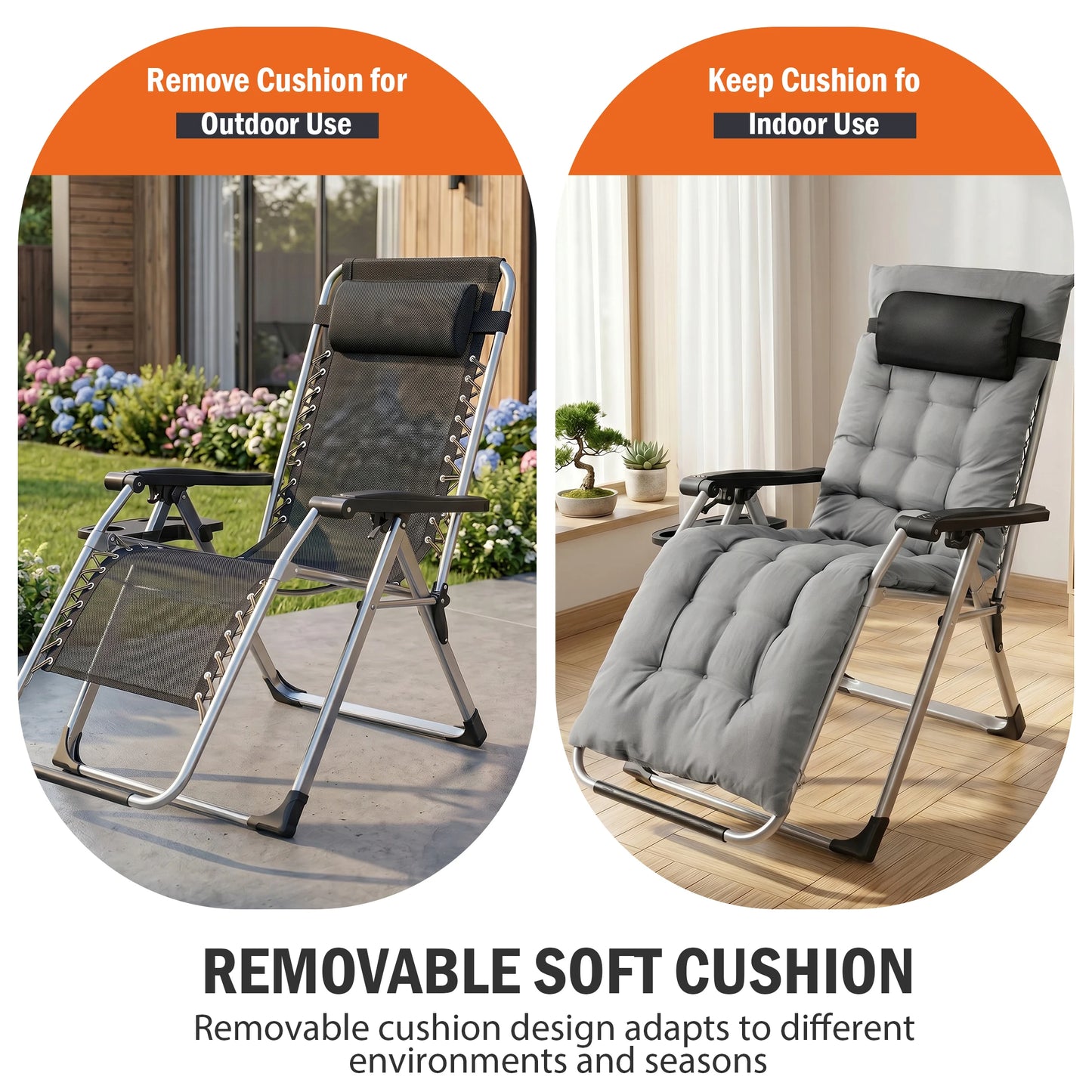 JHK Zero Gravity Reclining Camping Lounge Chair for Outdoor Soft Cushion Patio Chairs with Cup Holder Trays and Removable Cushion Folding Recliner for Indoor