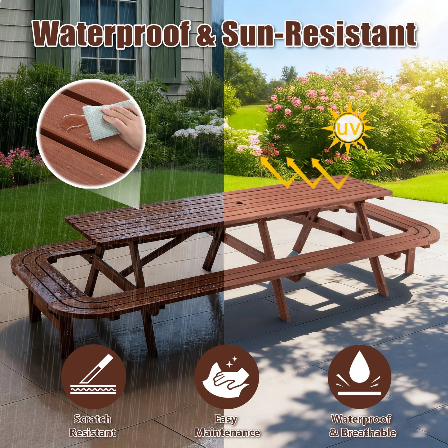 Wooden Outdoor Picnic Table With Umbrella Hole For Patio BBQ