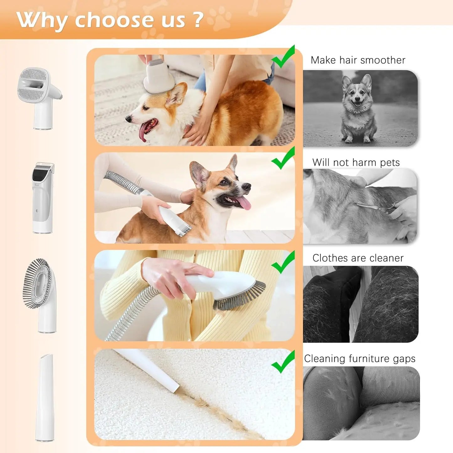 Pet Grooming Vacuum Kit With Low Noise And 5 Tools For Hair Removal