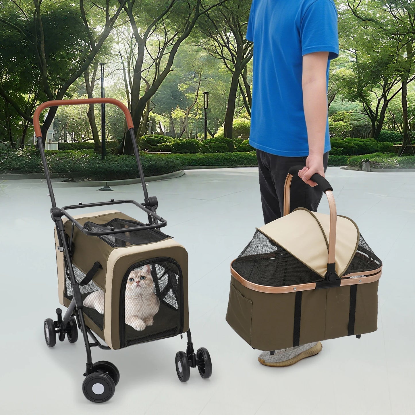2-Tier Foldable Pet Stroller Up To 77 Lbs For Cats