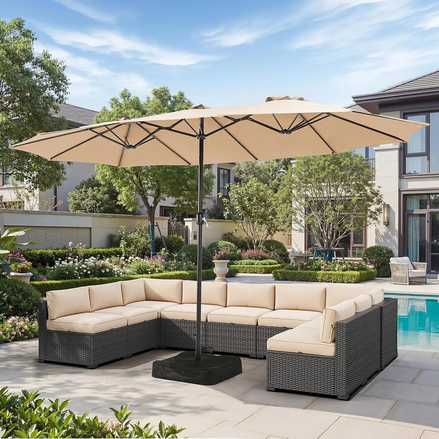 Outdoor Double-Sided Rectangular Patio Umbrella With Crank and Base