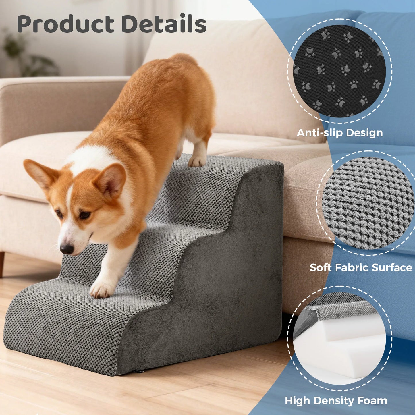 JHK 3-5 Step High-Density Foam Dog Stairs Ramp For Small Dogs