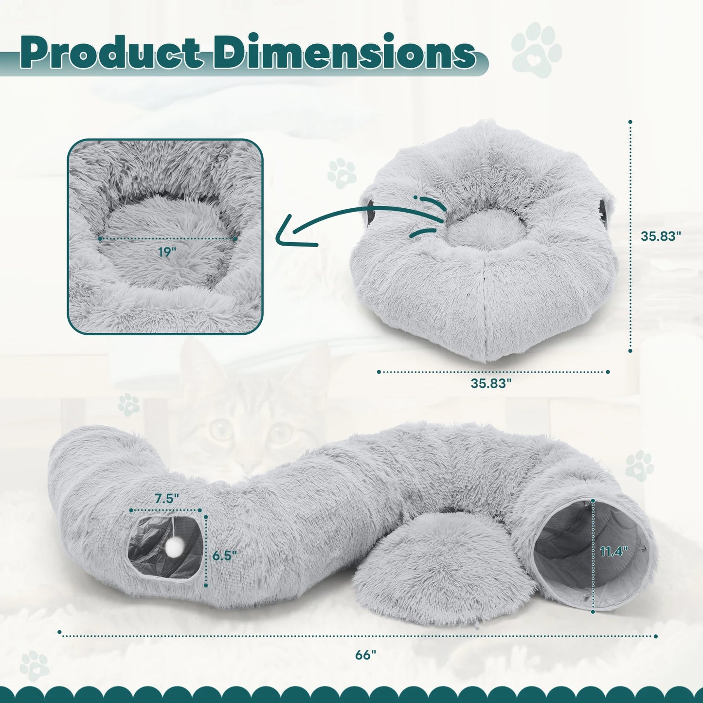 JHK Cat Tunnel Bed Plush Washable Indoor Playground
