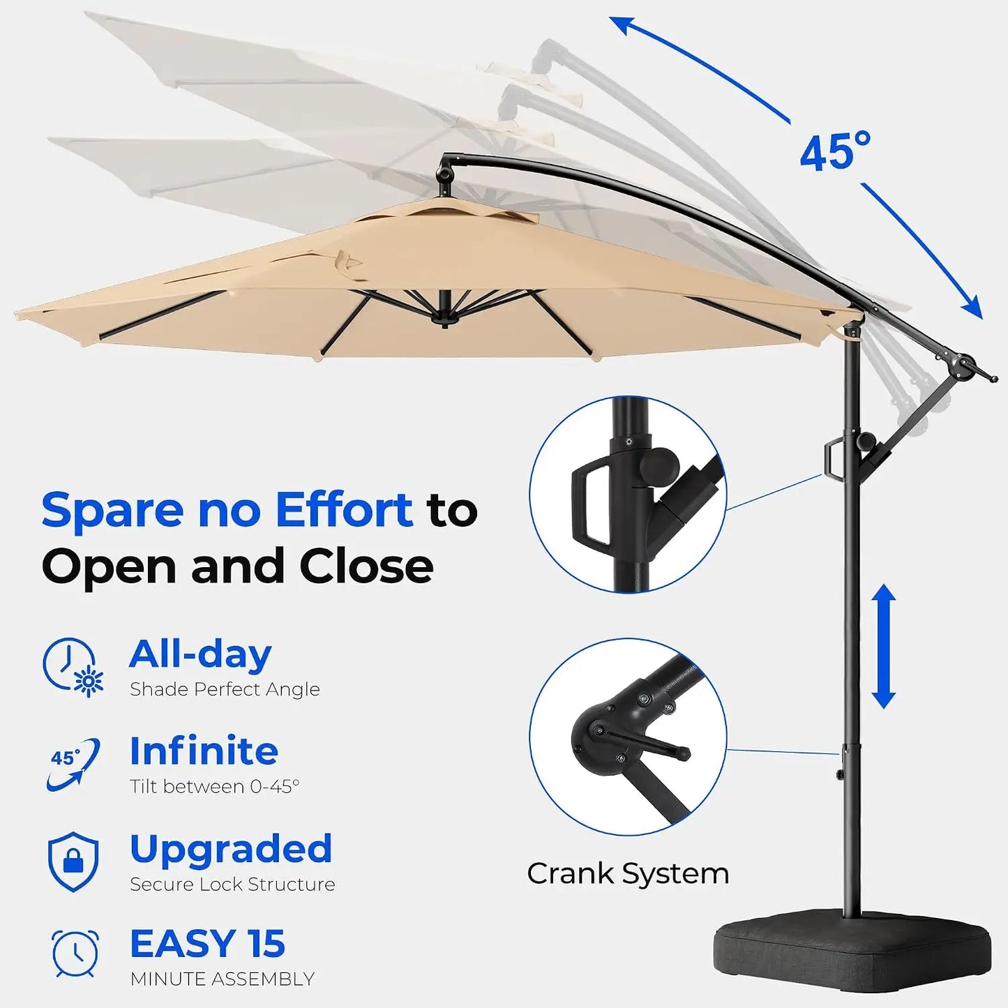 10ft Cantilever Patio Umbrella with Base Included, 30 MPH Wind-Resistant Offset Outdoor Hanging Umbrella with 45, Customized