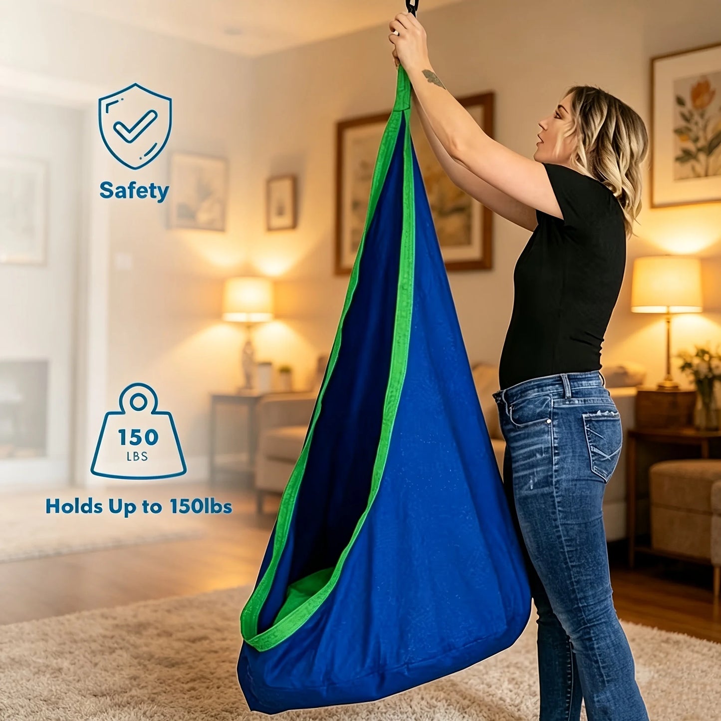 1-Pack of Indoor/Outdoor Hanging Hammock Chair Includes Inflatable Pillow And Cylinder, Storage Bag, Maximum Load Capacity of 264 Pounds, Includes Straps And Screws, Woven Nylon Fabric, No Batteries