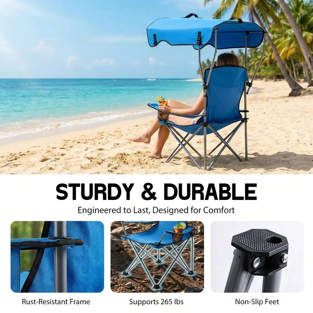 Portable Folding Camping Chair With Canopy Shade For Outdoors