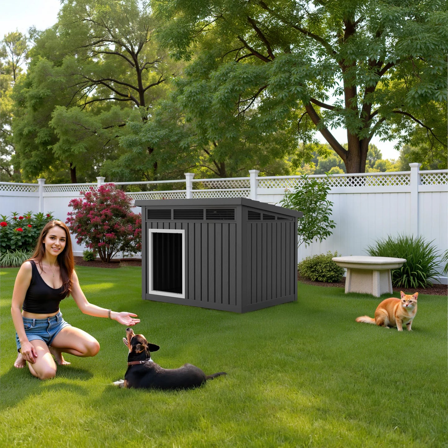 Resin Outdoor Waterproof Insulated Dog House With Slanted Roof And Hydraulic Rod