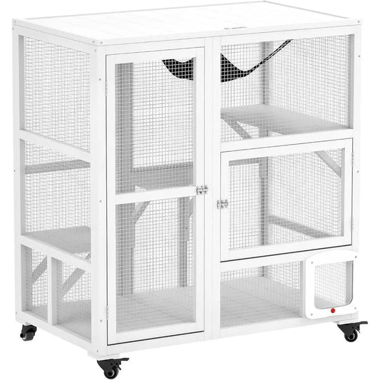 Indoor Wooden Catio, Cat House Cat Enclosure on Wheels with 3 Platorms, Hammock, Cat lap Door & Openable Top, Luxury Kitty House