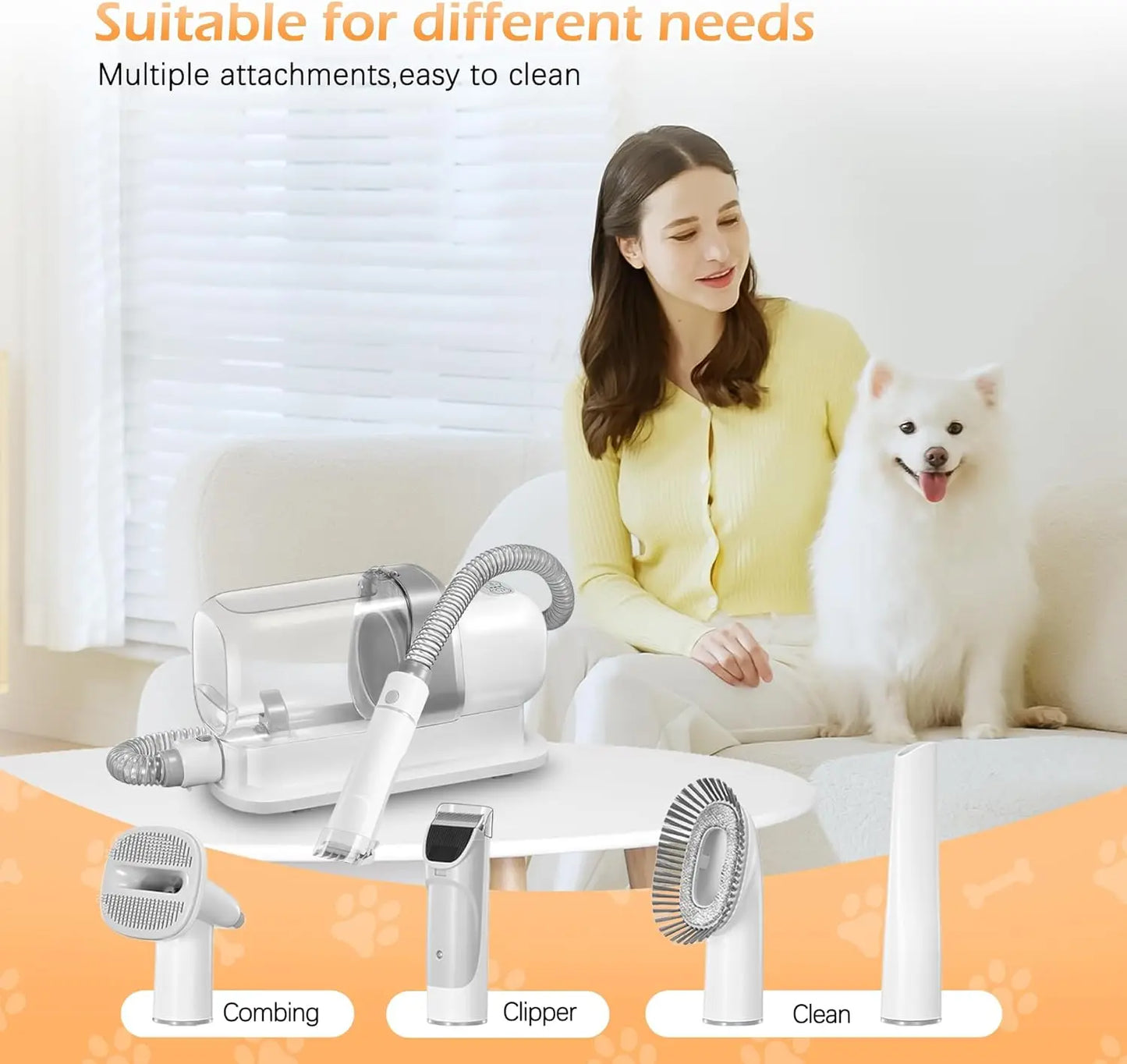 Pet Grooming Vacuum Kit With Low Noise And 5 Tools For Hair Removal