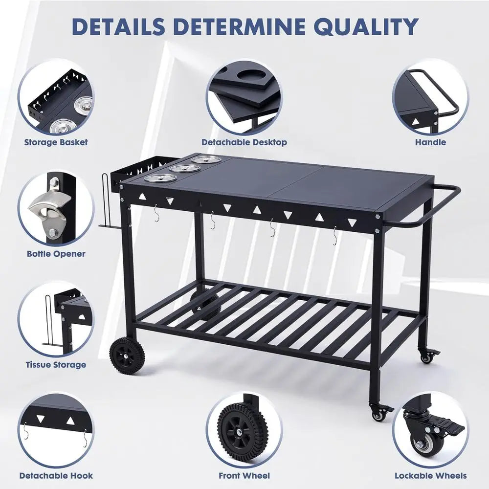 Portable Outdoor Grill Table With Wheels Griddle Stand Cart Shelves