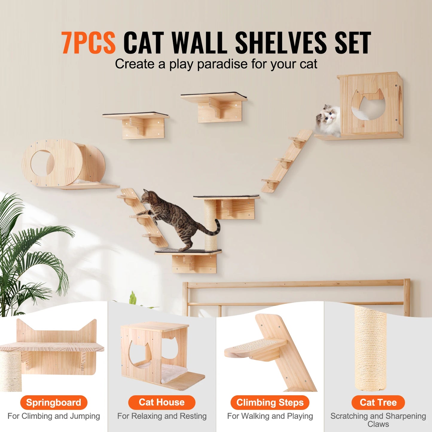 SucceBuy Wall Mounted Cat Shelves Jumping Boards Hammocks Cat Tree