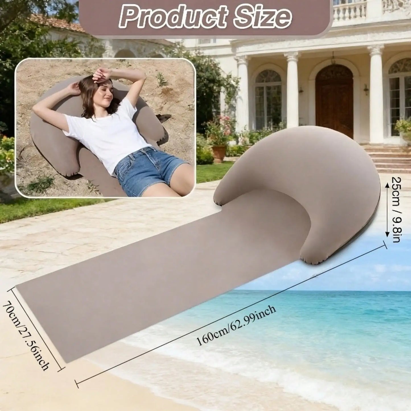 NewInflatable Pillow Beach Mat, Portable With Head Support - Collapsible Air Couch Beach Chair For Outdoor Activities Like Beach
