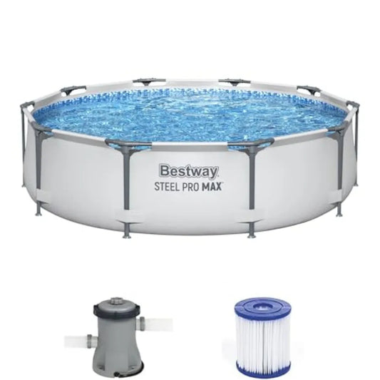 Gra Steel Pro MAX 10 Foot Round Metal Frame Above Ground Pool Set